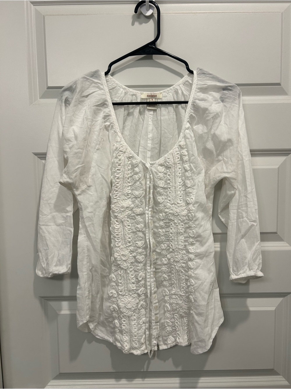 Sundance White Embroidered Boho Button Front Blouse Top Size Small Cottagecore